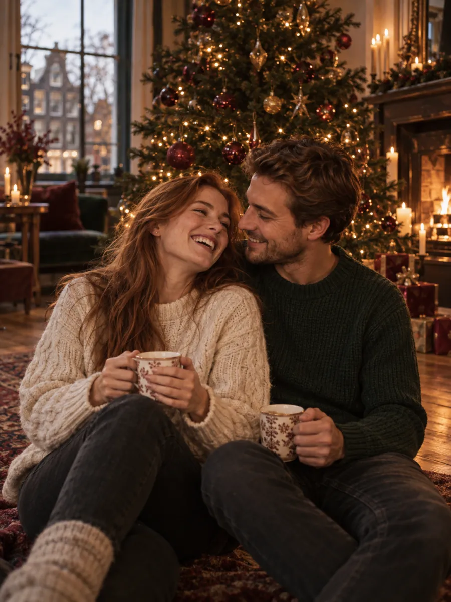 Anna en Sem bij de kerstboom met een beker chocolademelk