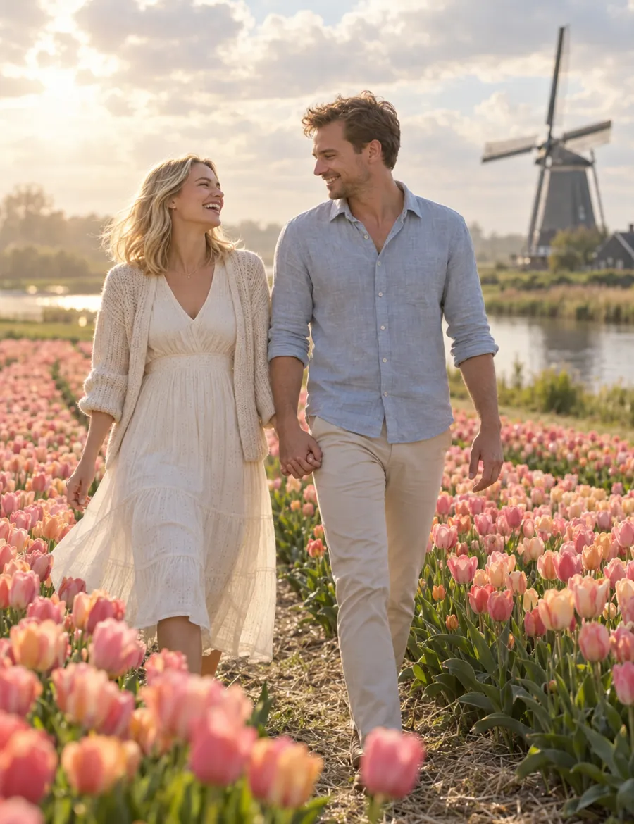 Eva en Joris tussen de tulpen