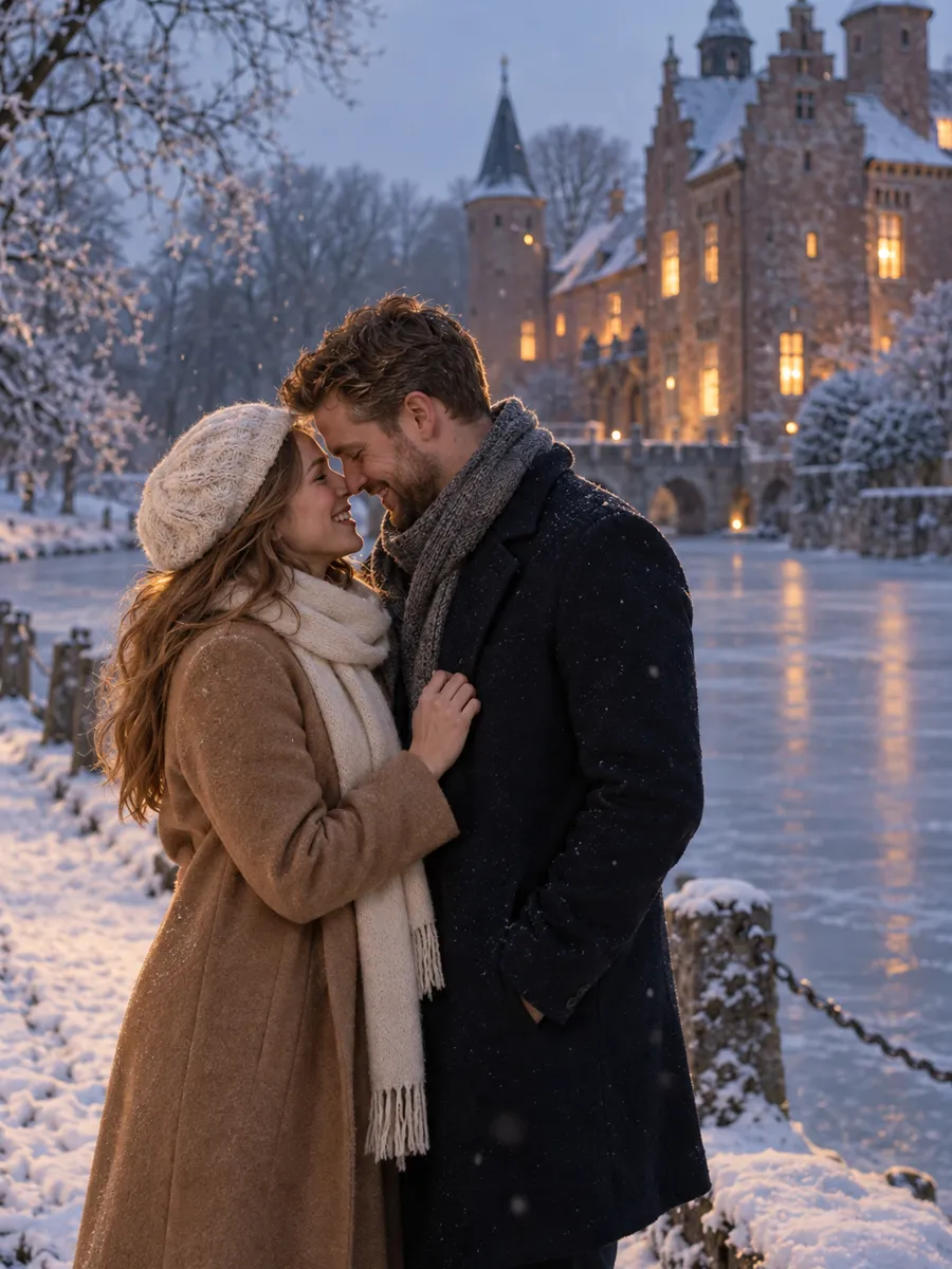 Sophie en Lucas in de sneeuw bij het kasteel