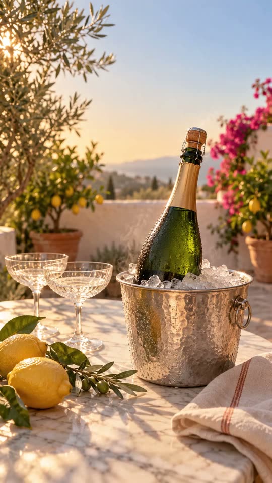 Bubbels, zomerse trouwkaart met bubbels en een knallende kurk: fles bubbels in een zilveren ijsemmer