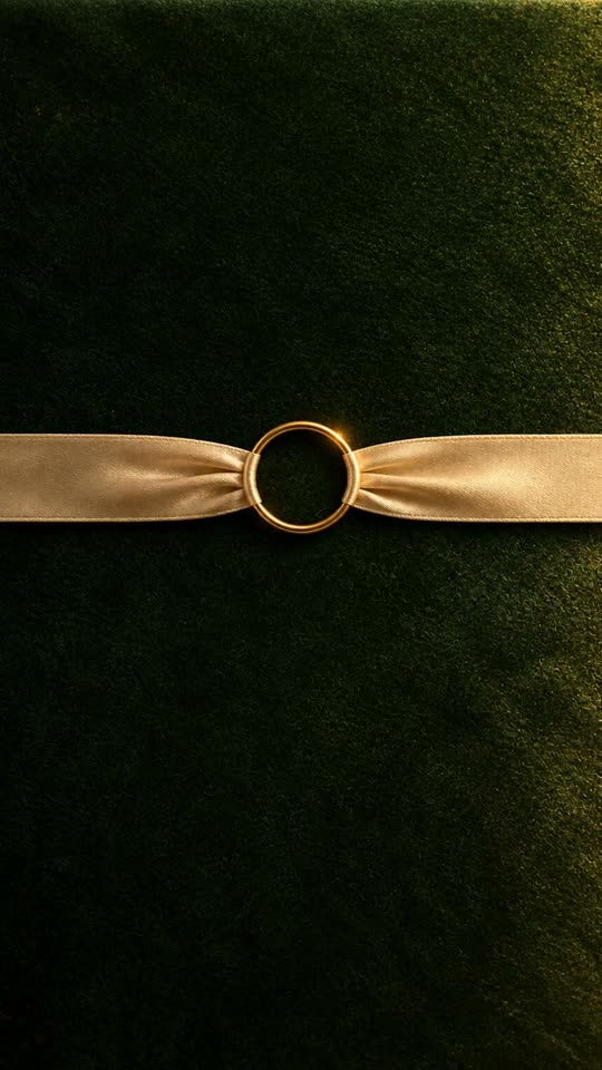 Fluweel, trouwkaart of save the date in fluweel: fluwelen envelop met een lint door een gouden ring