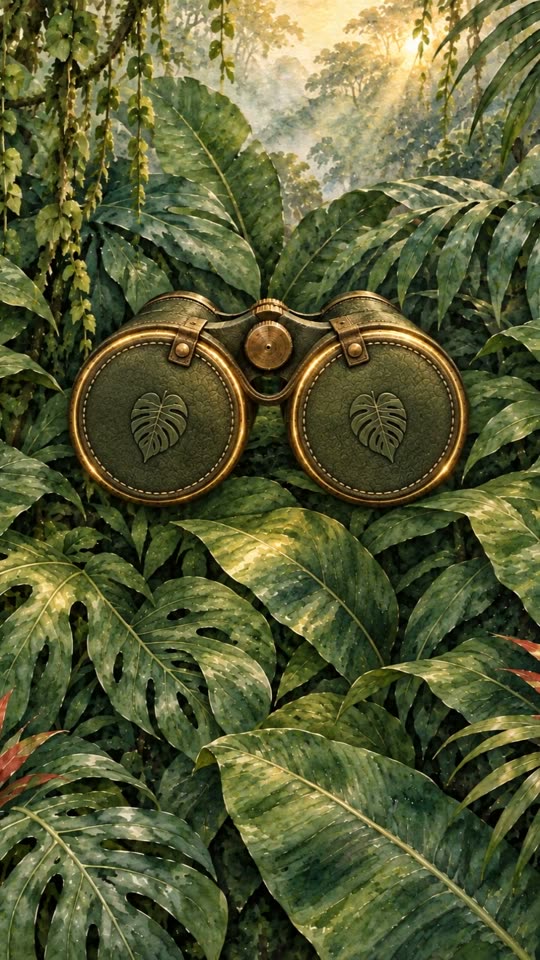 Jungle, babyshower-uitnodiging met jungle-thema: oude verrekijker met leren lenskapjes