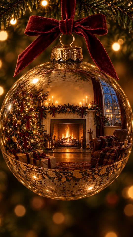 Kerstbal, save the date in een kerstbal: spiegelende kerstbal aan een dennentak