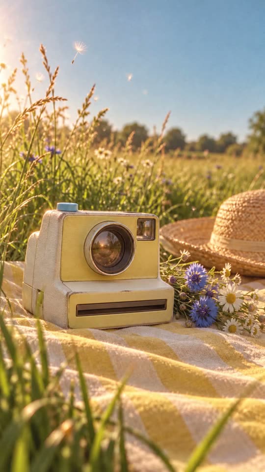 Kiekje, save the date met een instantcamera en jullie eigen foto: botergele instantcamera op een picknickkleed