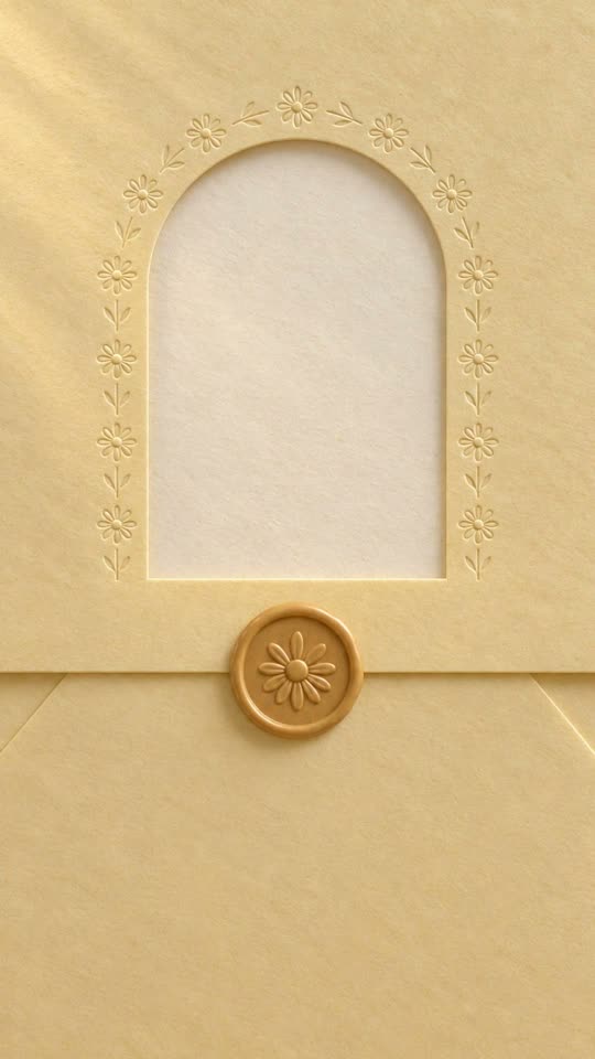 Kijkvenster, geboortekaartje of babyshower met boogvenster: botergele envelop met boogvenster en honingkleurig lakzegel