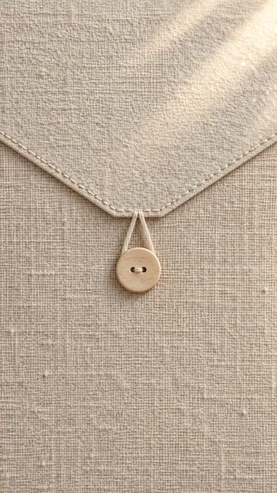 Knoopje, geboortekaartje of babyshower in linnen: linnen envelop met een lusje om een houten knoopje