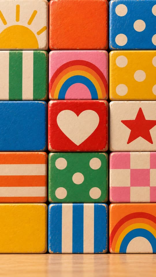 Letterblokken, kleurrijk geboortekaartje met letterblokken: muur van houten speelgoedblokken met een hartje