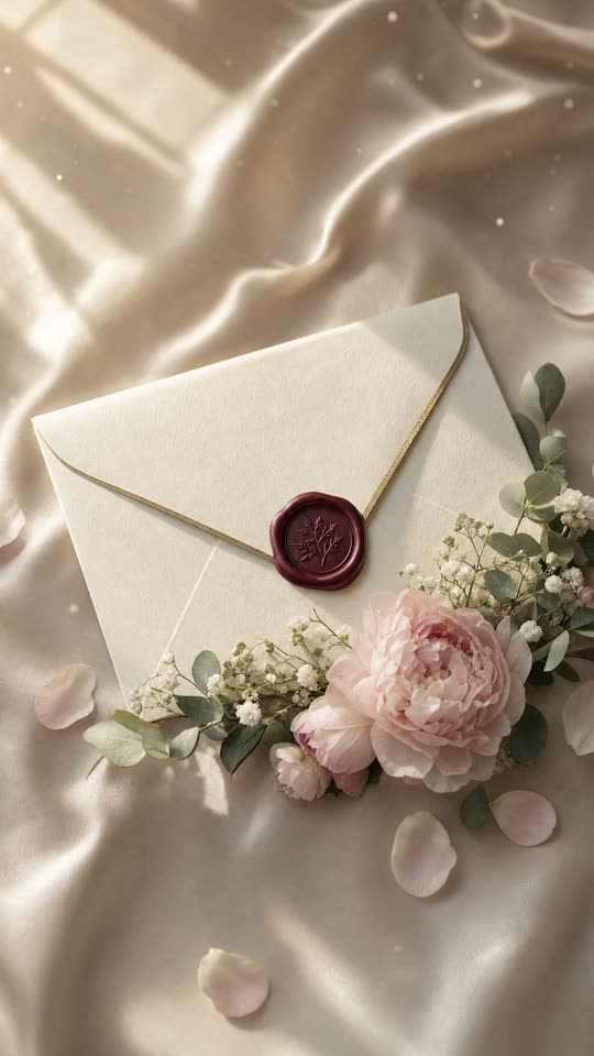 Pioen, save the date met lakzegel en pioenrozen: crème envelop met bordeaux lakzegel