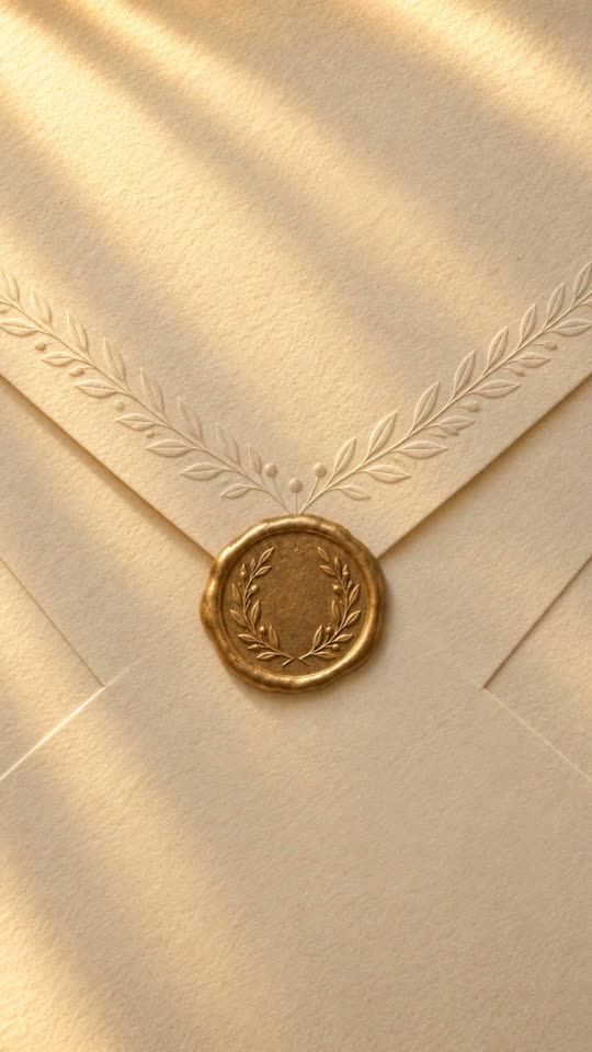 Puntklep, trouwkaart of save the date met lakzegel: ivoren envelop met lakzegel in oud goud