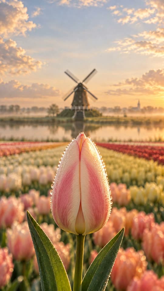 Tulpenveld, Hollandse trouwkaart met tulpen en molen: gesloten tulpenknop in het ochtendlicht