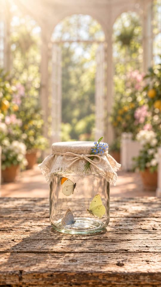 Vlinderpot, babyshower-uitnodiging met vlinders: weckpot met linnen kapje en touwtje