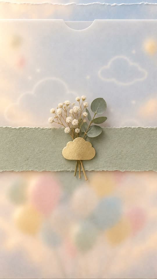 Wolkje, babyshower-uitnodiging met wolkjes en ballonnen: kalkpapieren hoes met band, gipskruid en gouden wolkje